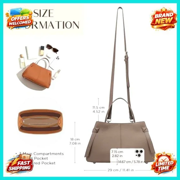 Genuine Leather Tote Bag with Adjustable Strap, Spacious Work Purse - Picture 5 of 7